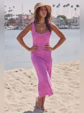 saltwater LUXE Pink Crochet Midi Dress